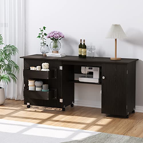 Folding Sewing Machine Table with Cabinet, 63 Inch Multipurpose Large Sewing Craft Cart with Storage Shelves, Sewing Desk with Lockable Casters, Sturdy and Durable, Black - Thumbnail 3