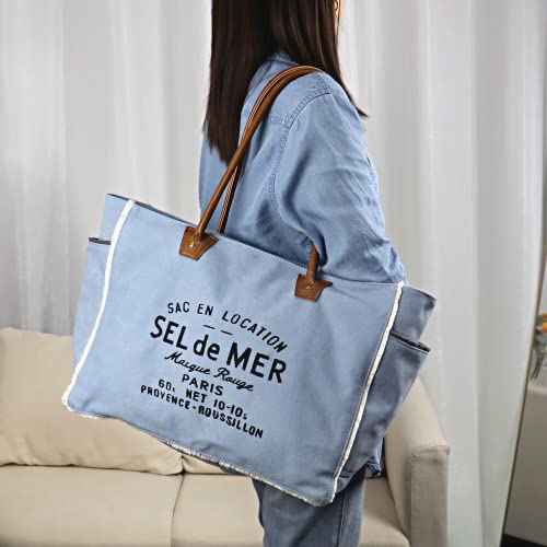 Lamyba Sel De Mer Canvas HandBag Upcycled Canvas Vegan Leather Tote Bag,Small Blue