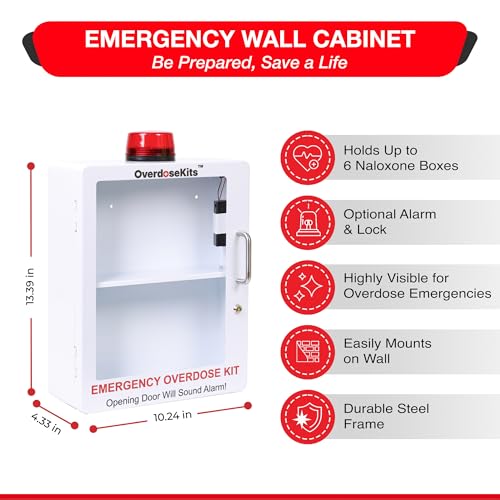 Image of Large Naloxone Overdose Emergency Kit Cabinet - Holds 6-8 Naloxone Boxes or a First Aid /Bleeding Control Kit - Wall-Mounted Cabinet - Alarm & Locking System (Naloxone Not Included) (White)