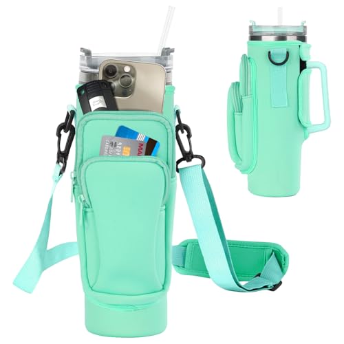 Coreskin Water Bottle Carrier Bag with Phone Pocket (7.67”) Compatible with Stanley Tumbler 40 oz Water Bottle Holder with Adjustable Shoulder Strap(29.1”-48.4”), Green Stanley Cup Accessories