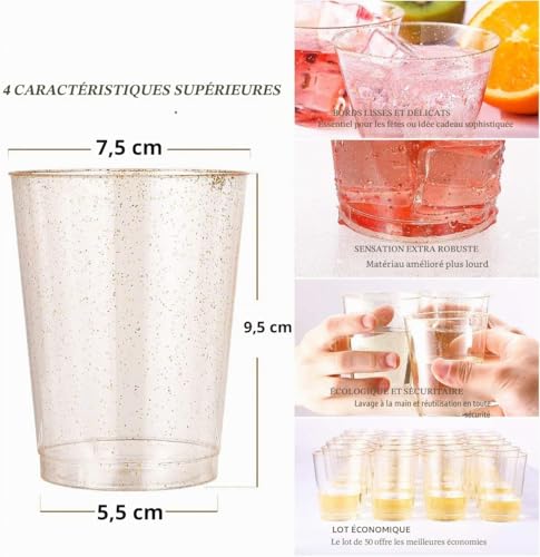 KAHEIGN 50 Pièces Paillettes D'or Tasses en Plastique, 300ml Verres à Vin Ronds Tasses à Dessert Transparentes Coupe Apéritif Parfait Gobelets Réutilisables Pour Whisky Mariage Fête (7,5 x 9,5 cm) – vue 3