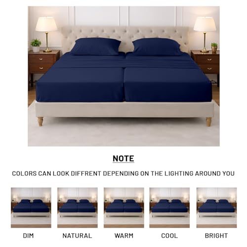 Image of SGI Split King Sheet Set for Adjustable Bed Egyptian Premium Cotton 600 Thread Count Sheets for Sleep Number Bed 15 inch Deep Pocket 5 Pc Set with 2 Twin XL Fitted Sheets Soft Breathable -Navy Blue