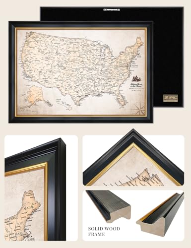 Image of IPIC - Custom USA Map Canvas Wall Art, Personalized Artwork with Names and Message on, Framed Travel Map for Home, Office, or Study, Push in Board Decor for Travel Lovers