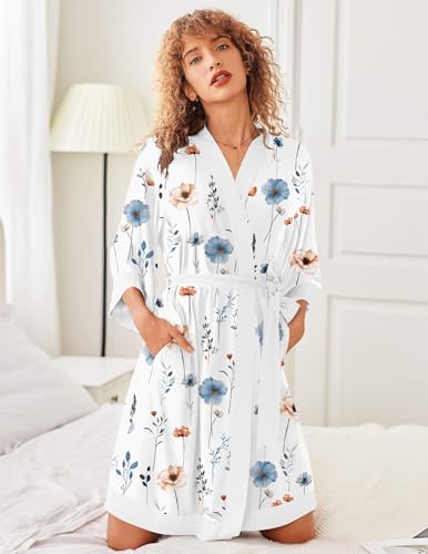 Image of Ekouaer Robes for Women Knee Length Bathrobe Lightweight Kimono Robe 3 /4 Sleeve Knit Sleepwear with Pockets