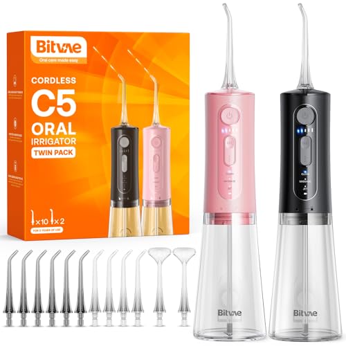 Image of Water Dental Flosser Teeth Pick: Bitvae 2 Pack Portable Cordless Oral Irrigator, 3 Modes 5 Intensities, Rechargeable Water Dental Picks for Cleaning with 12 Tips, Travel Irrigation Cleaner for Teeth