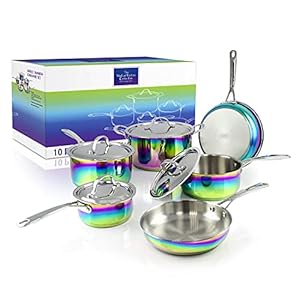 The Magical Kitchen Collection – Iridescent Rainbow Cookware Set – Premium Heavy Duty Stainless Steel and Titanium Pots & Pans Set – Rust Proof, Induction Stove & Oven-Safe (10 Piece)