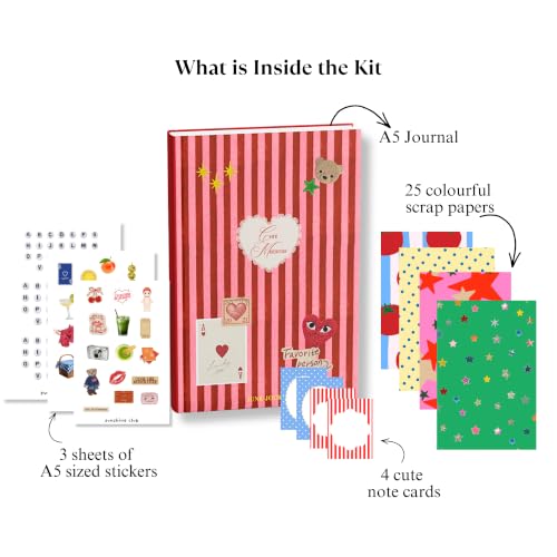 Image of Sunshine Club Aesthetic Junk Journaling & Scrapbook Kit | A5 Premium Notebook | 3 Playful Sticker Sheets | 25 Colourful Scrap Paper Sheets | 4 Note Cards | Perfect for Gifting
