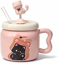 Vasukie Spring Cat Coffee Mug with Lid & Glass Spoon, Mugs for Coffee, Rakhi for Brother, Gifts for Woman, Birthday Gift, Ceramic Mug, 3D Spring CAT Coffee Mug (Spring CAT Mug)