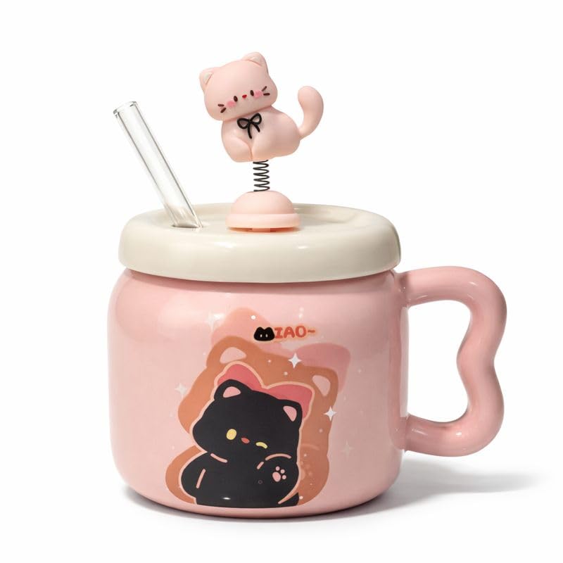 Vasukie Spring Cat Coffee Mug with Lid & Glass Spoon, Mugs for Coffee, Rakhi for Brother, Gifts for Woman, Birthday Gift, Ceramic Mug, 3D Spring CAT Coffee Mug (Spring CAT Mug)