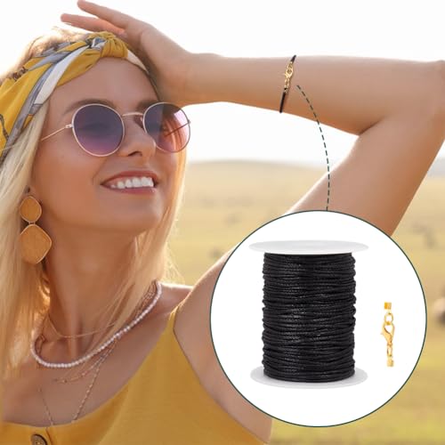 PH PandaHall Waxed Cord with Jewelry Clasp Kit, 50 Yards 2mm Black Waxed Cotton Threads with Lobster Claw Clasps Fold Over Cord Ends Wax Cord Beading String for DIY Bracelet Necklaces Jewelry Making - Thumbnail 6