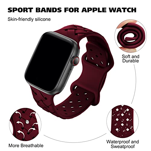 Image of Silicone Braided Weave Bands Compatible with Apple Watch 38mm 40mm 41mm 42mm 44mm 46mm 45mm 49mm, Replacement Sport Breathable Strap for iWatch Series 11 /10 /9 /8 /7 /6 /5 /4 /3 /2 /1 Ultra SE Women Men, Wine Red