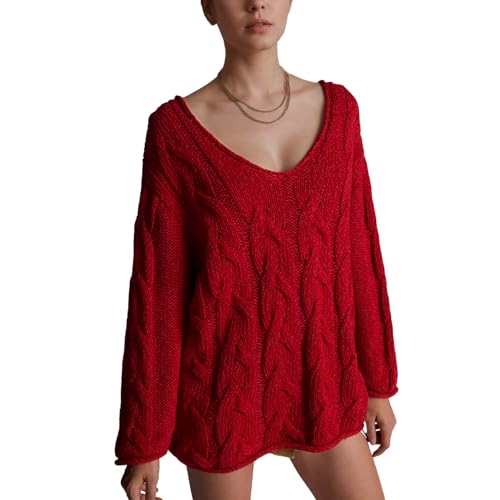 Image of Womens Oversized Off The Shoulder Sweaters Chunky Knit Wide V-Neck Tops Casual Slouchy Pullover Fall Outfits