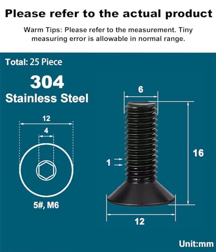Drenky Black Socket Countersunk Screws M6 X 16mm 304 Stainless Steel Hex Socket Countersunk Bolts DIN 7991 / ISO 10642 Machine Screws Rustproof Flat Head Hex Socket Cap Screws (Pack of 25) - Image 2
