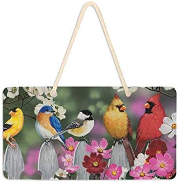 Wamika Welcome Spring Cardinal Hummingbird Flowers Door Hanging Sign Plaque Birds Picket Fence Floral Summer Rustic Wall Signs Yard Indoor Outdoor Garden Decorations Banner with Hang Rope 11" x 6"