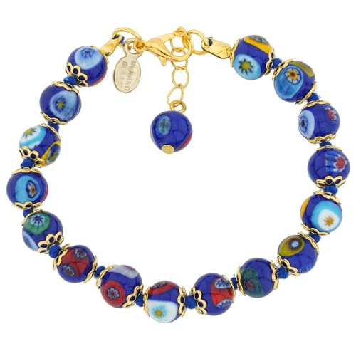 Glass Of Venice Murano Glass Bracelet Italian Millefiori Blue Mosaic Beads Handmade Blown Glass - Murano Glass Bracelets for Women