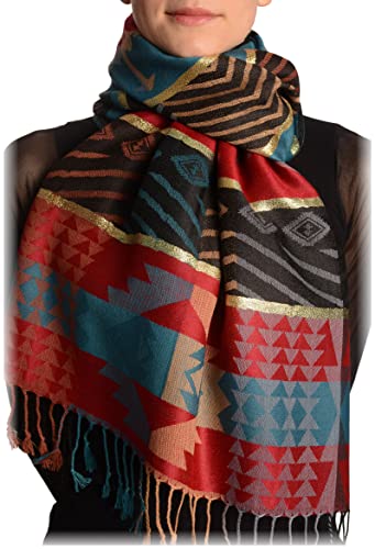 Pashmina aztèque rouge et bleu prussien LissKiss 70x180cm