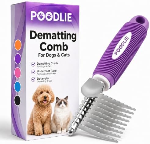 Poodle Pet Dematting Fur Rake Comb Brush Tool with Long 2. 5 Steel Safety Blades for Detangling Matted or Knotted Undercoat Hair, Safe Grooming Accessories for Dogs, Longhaired Cats, Rabbits, Horses