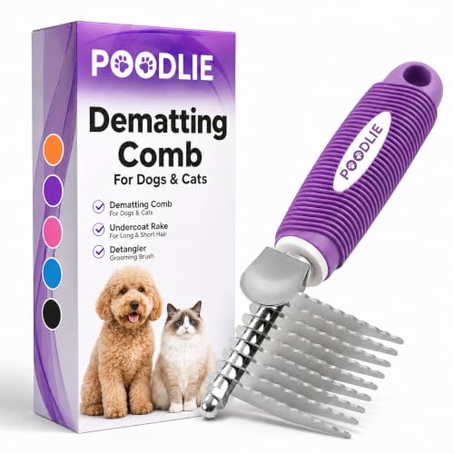 Poodle Dematting Fur Rake Comb Brush for Dogs and Cats - Long 2.5" Steel Safety Blades Metal Comb for Detangling Matted or Knotted Undercoat Hair