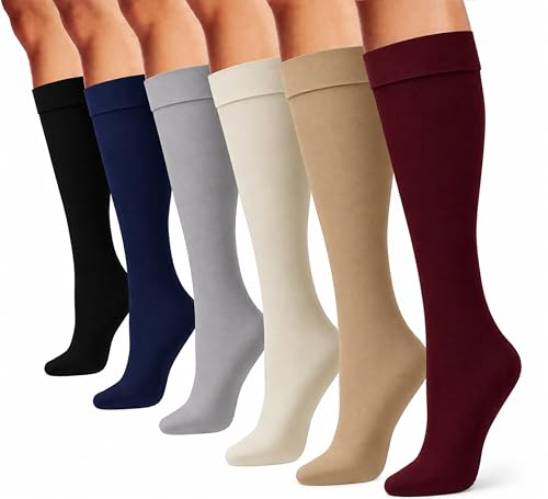 Image of Winterlace Women's Trouser Socks 6 Pairs Knee High Silky Nylon Dress Socks Opaque Stretchy Work Office Casual