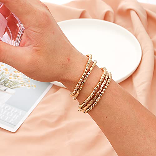 Beaded Bracelets For Women Girls Stacking Beads Stretch Bracelets Set Vintage Gold Plated Strand Bracelet (Gold Cube Round) #TOP1