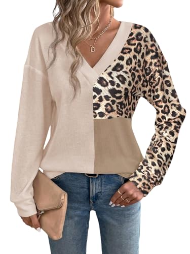 GORGLITTER Damen Leo Langarmshirt Elegant Tunika Langarm Tshirt mit Leopardenmuster Basic Farbblock Oberteile mit V-Ausschnitt Locker Causalshirt...