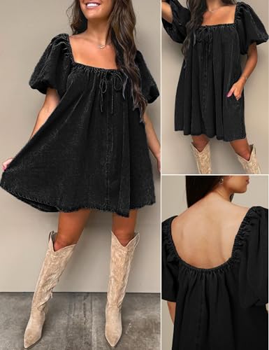 Image of Women Denim Dress Puff Short Sleeve Square Neck Jean Dress 2026 | Two Side Pockets, Babydoll Mini Dress, Stretchy Breathable Fabric, Casual Daily Outfits, Western Counrty Concert Outfits