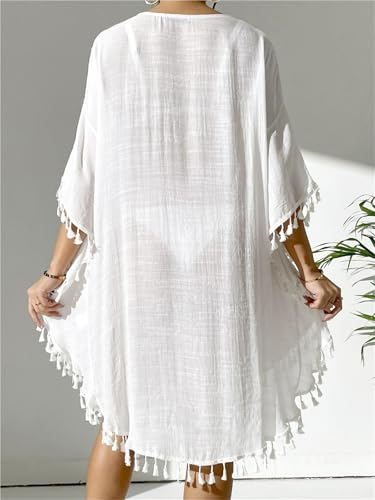 Vestido de playa crochet blanco con cuello redondo y flecos 5
