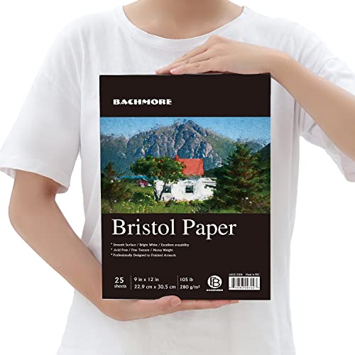 Bachmore Bristol Paper Pad 9‘’X12‘’ Smooth Surface 105 Pounds 25 Sheets Heavyweighted Bleed Proof For Drawing Painting Mixed Media Oil Pastel Finished Works #TOP6