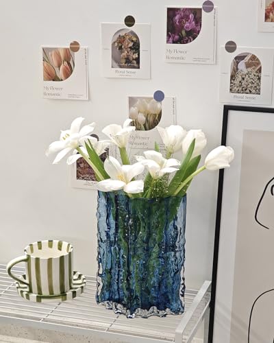 Glass Vase for Centerpieces, Diamond Shaped Vase for Flower, Modern Glacier Glass Vase for Home, Office Restaurant Desk Decor 8.3 Inch(Blue) - Image 5