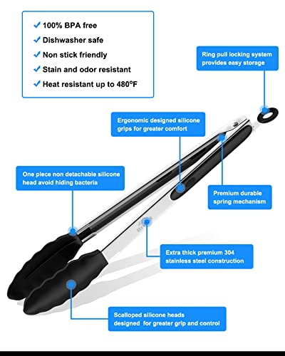 Bnlcd Kitchen Tongs, Premium Stainless Steel Locking Cooking Tongs With Silicone Tips, Non-Slip Food Tongs For Cooking, Heavy Duty, Non-Stick, 480℉, Set Of 3-7" 9" And 12" Black #TOP6