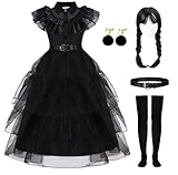 Akokvlar Black Costume Dress for Girls Wig Belt Earrings Socks Dress Up Suit (9 Years, All Black Set)