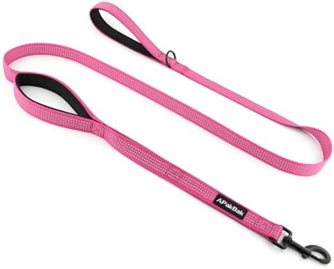 APakBak Double Handle Dog Leash 6 FT Reflective 2 Handle Traffic Lead with Padded Grip, Heavy Duty Nylon Leash for Walking Training, for Small Medium Large Dogs, Pink