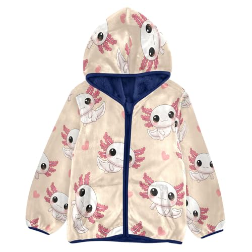 Cute Axolotl Pattern with Hearts Toddler Fleece Jacket Girl Boys Hooded Fleece Jacket Coat Warm Outwear Zip-up 3-10T