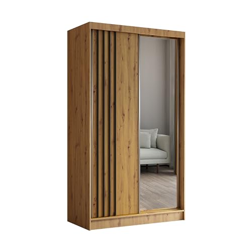 Margaret Hadas24 Kleiderschrank mit Lamellen und Spiegel, Organizer, Mehrzweckschrank, Schwebetürenschrank, Garderobenschrank, Kleiderstange, Kleiderständer, Flurschrank, 120 cm, braun, schwarz