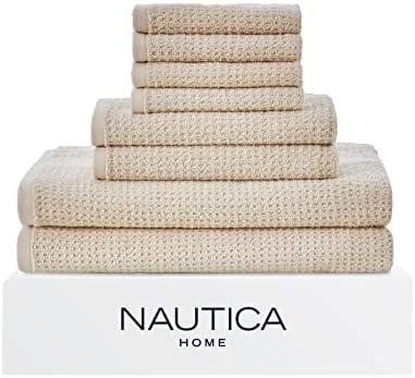 Nautica - Bath Towels, 100% Soft & Absorbent Cotton with Waffle Texture, Highly Absorbent & Quick Dry, Medium Weight Bathroom Towels (Oasis Beige, 8 Piece)