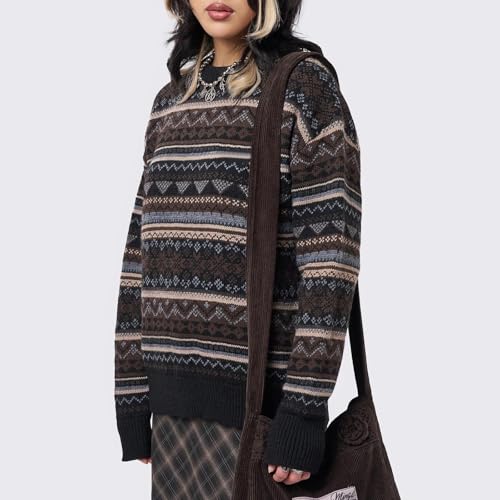 Image of Women Vintage Striped Pullover Sweater Y2k Long Sleeve Crew Neck Loose Knit Sweaters Fall Winter Knitwear