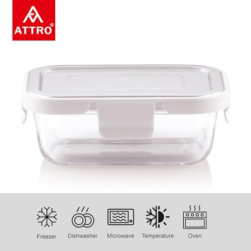 Image of ATTRO Glassox Borosilicate Rectangular Glass Lunch Box with Stainless Steel Lid Food Storage Container Microwave & Freezer Safe BPA-Free Food-Grade 370ml Set of 2