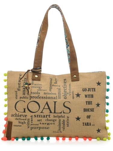Image of The House of tara Jute Tote Handbag | Brown Beige Printed Shoulder Bag | Tassel Embellished | Magnetic Closure | Zipper Compartment | Casual Bag for College, Office & Daily Use | For Women