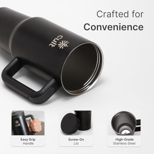 Image of Cult 1200ml Stainless Steel Insulated Tumbler with Handle, Straw & Cleaner Double Wall Vacuum Bottle for Hot & Cold Drinks Leakproof Travel Mug Reusable for Gym, Office & Travel Black