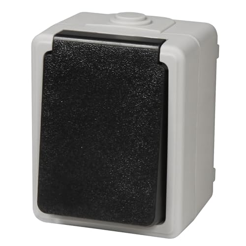 Trano Prise de courant en saillie pour pièces humides | Protection IP44 contre les projections d'eau | 250 V 16 A | Gris noir | Avec protection d'insertion | Extérieur, cave, garage, Variante : 1