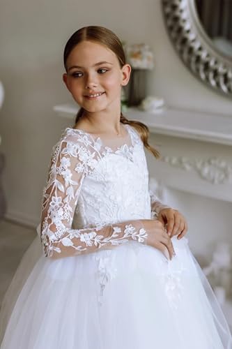 Lace Tulle Flower Girl Dress for Wedding Kids Applique Long Sleeve Pageant Dress Bowknot Princess Prom Ball Gowns4