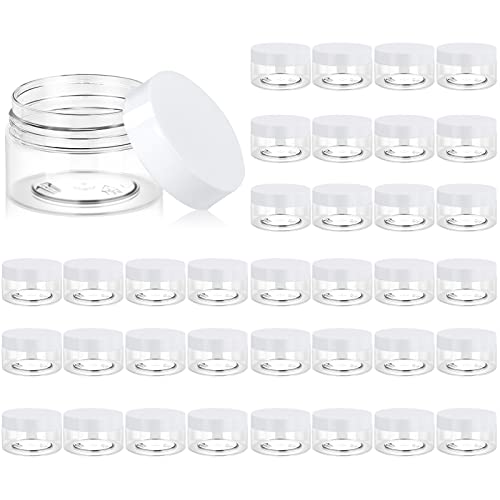 Eternal Moment 36 Pack 1 OZ Plastic Jars Round Clear Cosmetic Container Jars with White Lids, Perfect for Lotion, Slime，Cream, Ointments, Makeup, Eye Shadow, Samples, Pot, Travel Storage