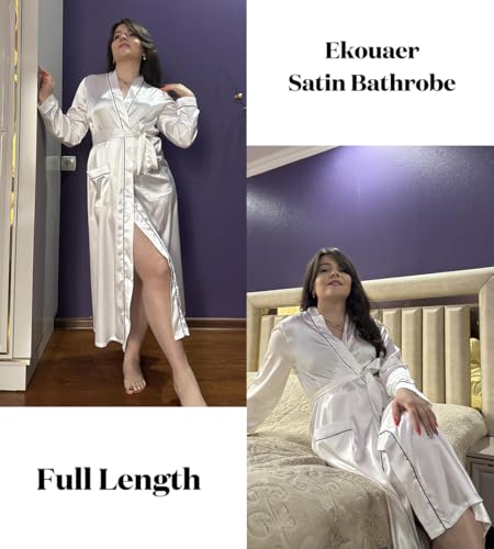 Image of Ekouaer Satin Robes for Women Long Sleeve Silk Bathrobe Soft Lightweight Full Length Sleepwear Bridesmaid Wedding Party Robes