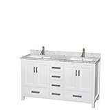 Sheffield 60 inch Double Bathroom Vanity in White, White Carrara Marble Countertop, Undermount...