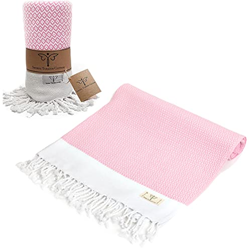 SMYRNA TURKISH COTTON Original Series Turkish Beach Towel Oversized, 37x71 inch, Extra Large Quick Dry Sand Free Beach Blanket, Lightweight Cotton Pool, Spa, Travel, Gym, Adult Bath Towel, Pink