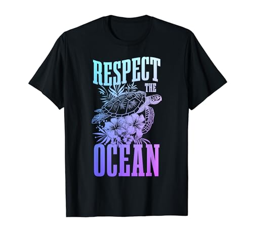 Respect The Ocean Sea Turtle Surfer Scuba Diving Flowers T-Shirt