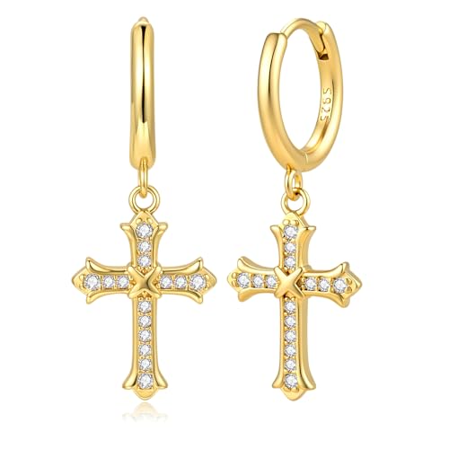 YOLYMODA Cross Dangle Drop Earrings for Women Men - Trendy Dainty 14K Gold Plated Dangly Huggie Hoop Earrings with Sparkling CZ, Chic Faith 925 Sterling Silver Post Jewelry Gift, 1.16" Long