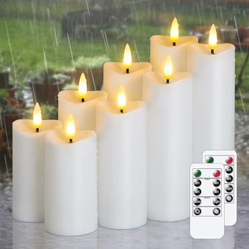 Image of Waterproof Flameless 2.2 inch x4 inch 4 inch 5 inch 5 inch 6 inch 6 inch 7 inch 7 inch Pillar Candles with Remote Control and Timer, LED White Battery Operated Plastic Wave-Shaped Design Pack of 8 Outdoor Flickering