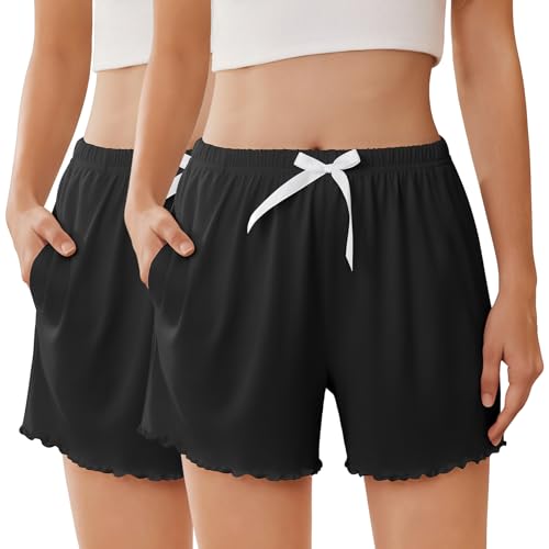 Image of Ekouaer 2 Pack Womens Pajama Shorts 2026 Summer Casual Lounge Sleep Short Ruffle Soft Comfy Pj Bottoms with Pockets