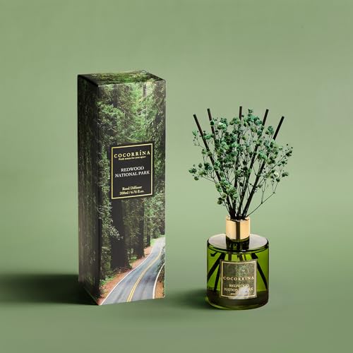 Image of COCORRINA Reed Diffuser - Redwood National Park 6.7 Fl.oz Reed Diffuser Set with 8 Sticks & Preserved Baby's Breath, Reed Diffuser for Home Bathroom Shelf Decor